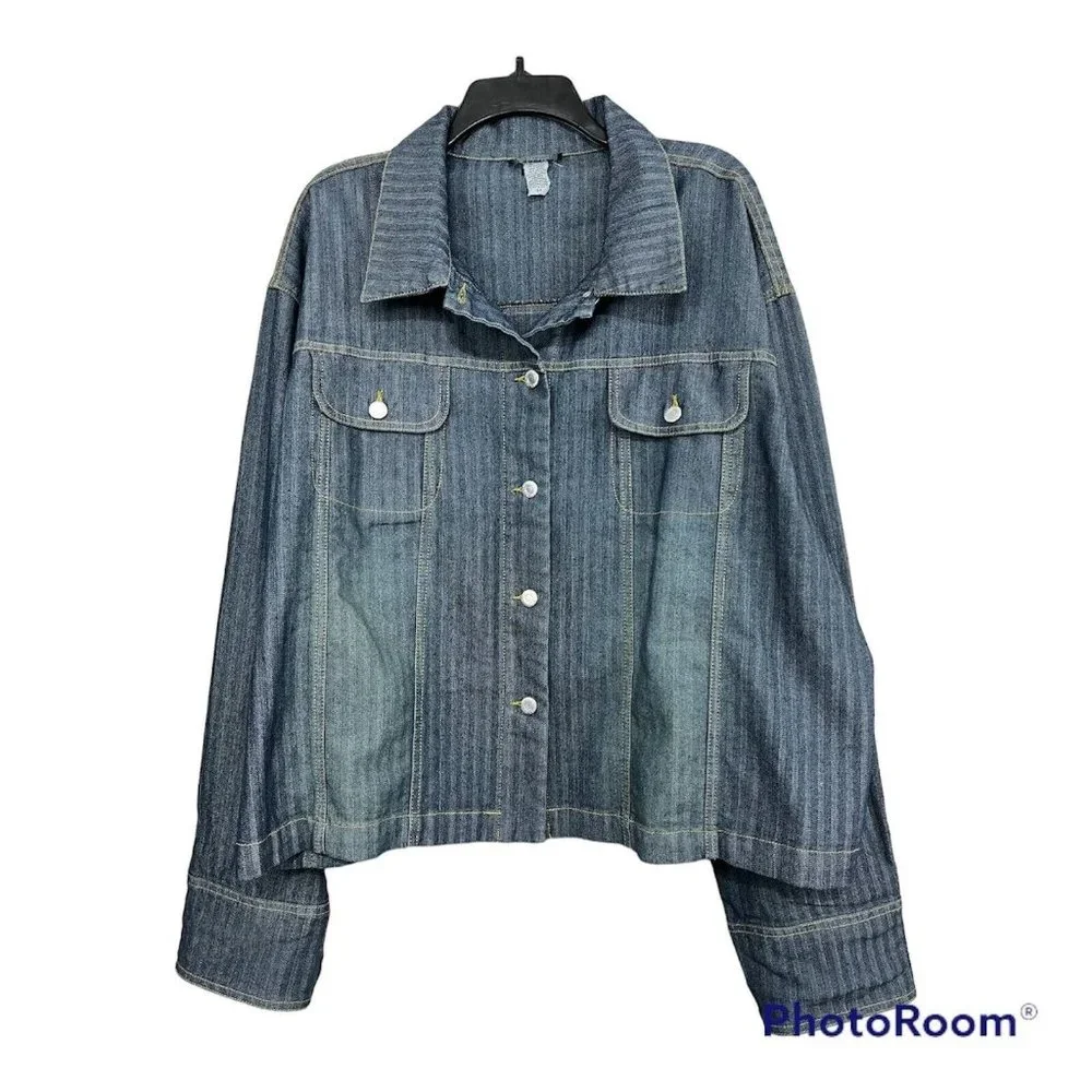 Vintage 90s Y2K Women Denim Pants Set Jacket Pants Belt Flared Wide Leg 4X‎